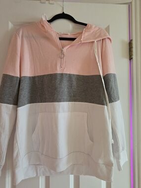 Women's Large Color Block Hoodie Pink Gray White Quarter Zip Pullover